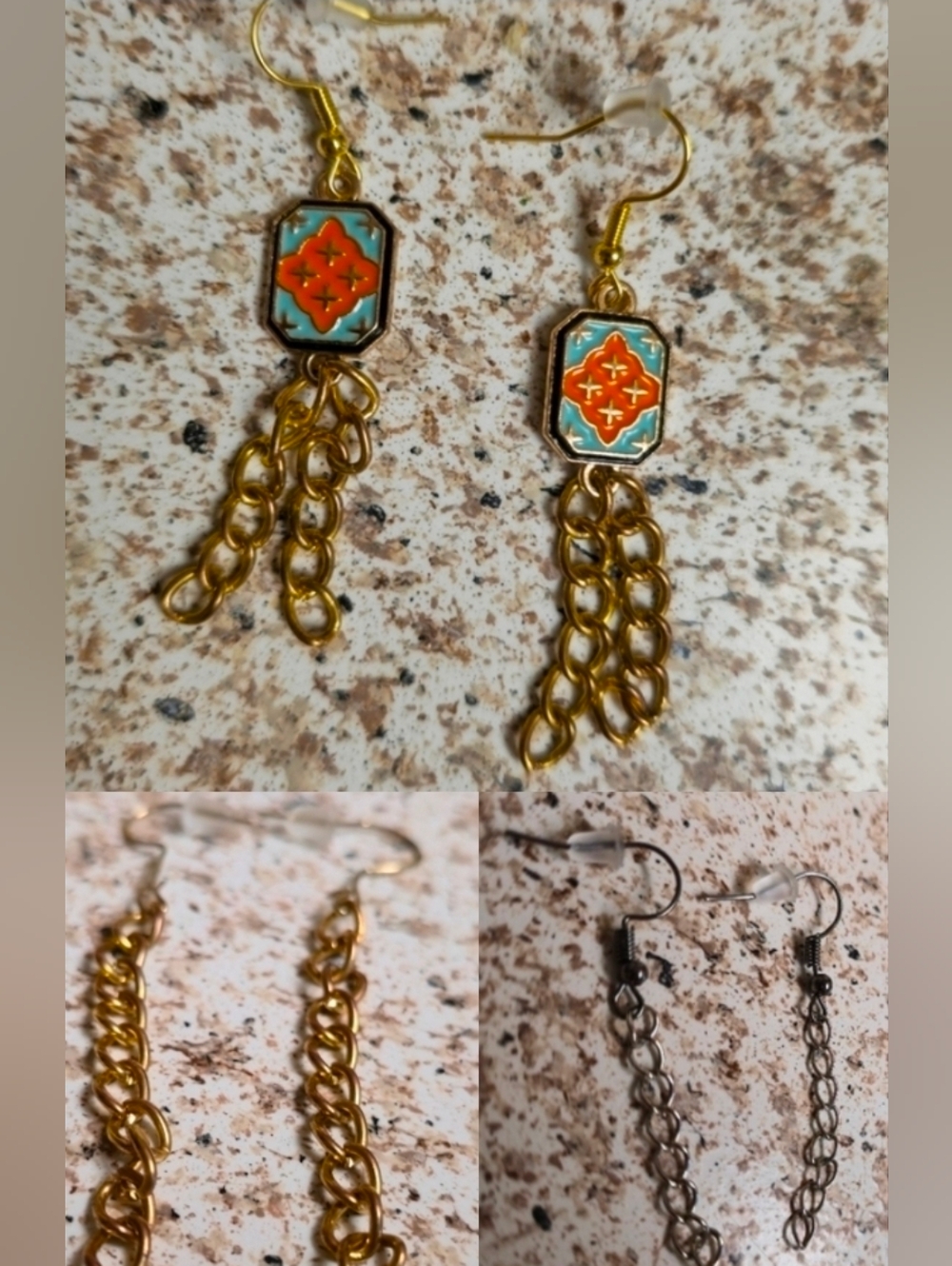 3 Pairs Chain Drop Earrings Gold & Silver Tones